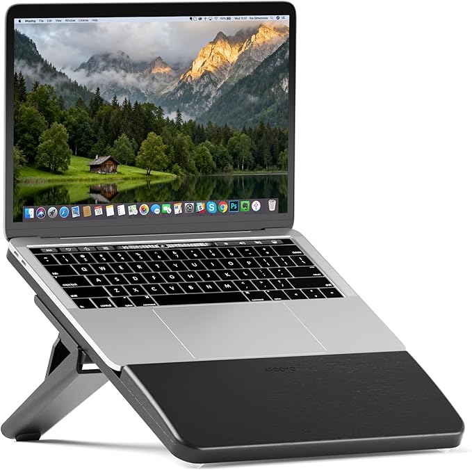 AFOOYO Adjustable Bamboo Laptop Stand,Portable Computer Riser,Ergonomic Notebook Mount with Wrist Rest,Compatible with 9.8-15'' All Laptops,MacBook Air Pro/HP/Dell/Lenovo,Black