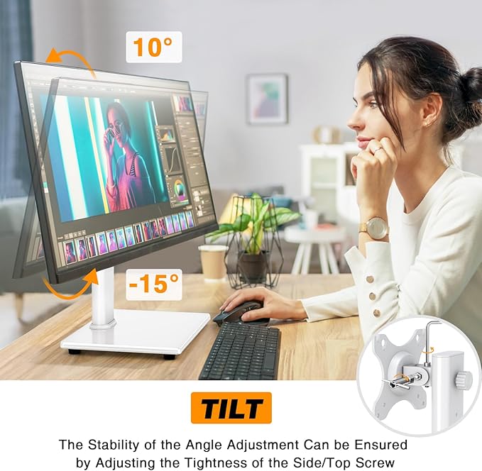 TAVR Furniture Single Monitor Stand VESA Mount for 13-32 Inch Screens, Free-Standing Monitor Riser with Swivel Tilt Rotation Height Adjustable, Universal Desk Stand up to 44lbs, White