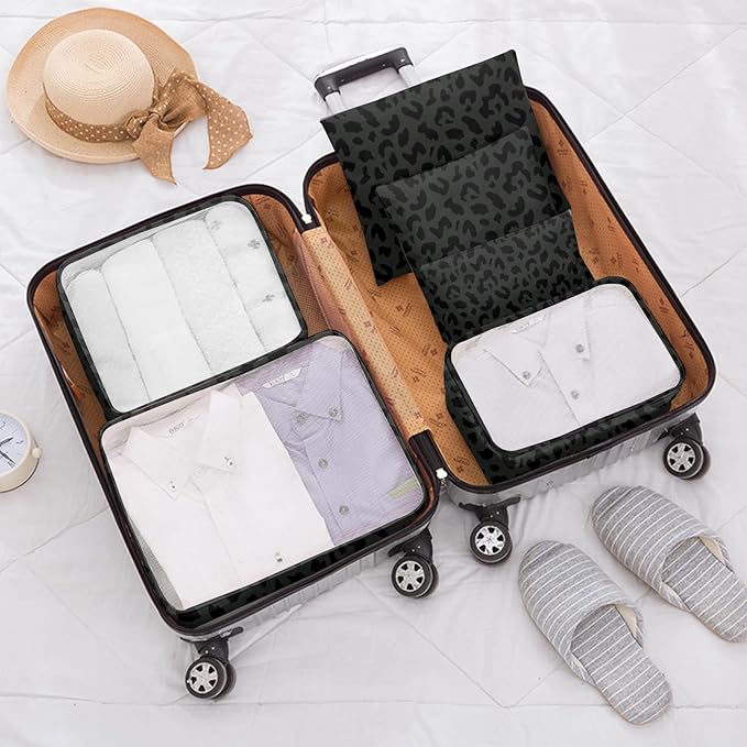 7 Set Packing Cubes Travel Luggage Organizers for Suitcase Travel Accessories with Shoe Bag for Women Girls Aesthetic Cute-Black Leopard Cheetah Pattern