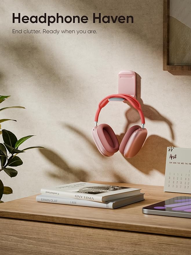 MAMUVIMO Headphone Stand, 2 Pack Headset Stand Foldable＆Sticky, Headphone Holder Hook Mount with Non-Slip Silicone, Adhesive Earphone Desk Hanger Clip Space-Saving for Airpods Max, All Earphones-Pink