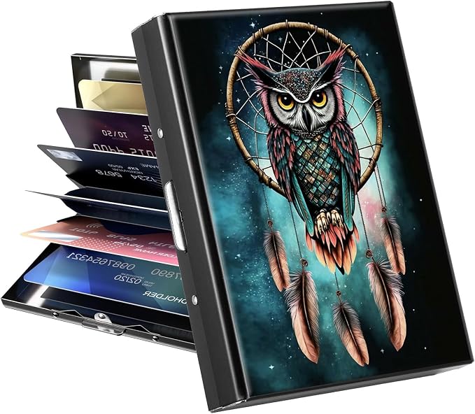 Metal Wallet for Women Men Girls, RFID Blocking Slim Aluminum Credit Card Holder, Mini Travel Wallet with Hard Shell, Lightweight ID & Business Card Case,Owl Dream Catcher