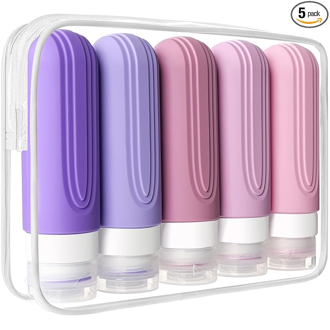 Travel Bottles for Toiletries, 5 Pack TSA Approved Travel Size Containers, 3oz Leak Proof Refillable Travel Accessories for Shampoo Conditioner, BPA Free Travel Bottles with Toiletry Bag