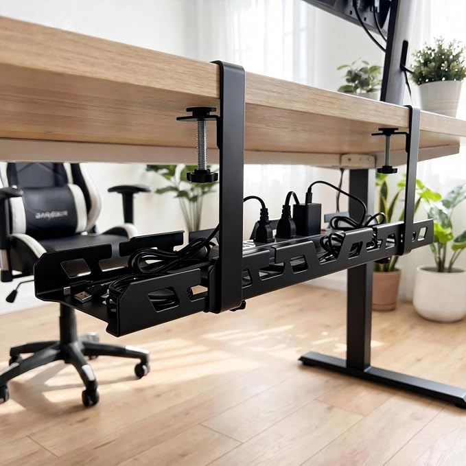 Under Desk Cable Management Tray 14.9-23.6 Inches Bidirectional Extendable Metal Cable Organizer with Clamp Mount, No Drill Wire Management System for Home Office & Gaming Desk(Black)