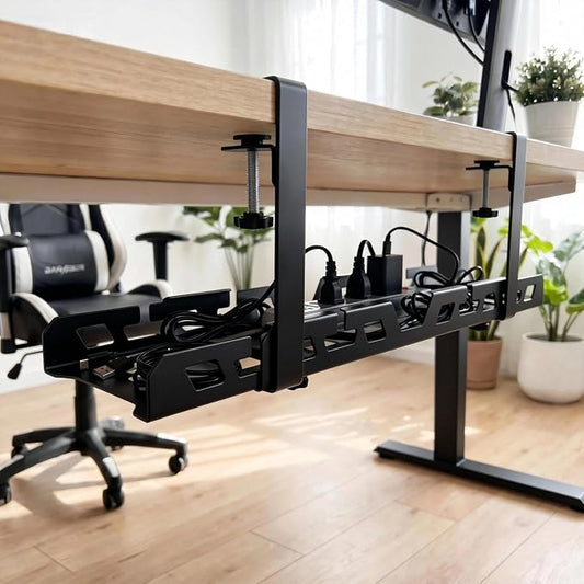 Under Desk Cable Management Tray 14.9-23.6 Inches Bidirectional Extendable Metal Cable Organizer with Clamp Mount, No Drill Wire Management System for Home Office & Gaming Desk(Black)