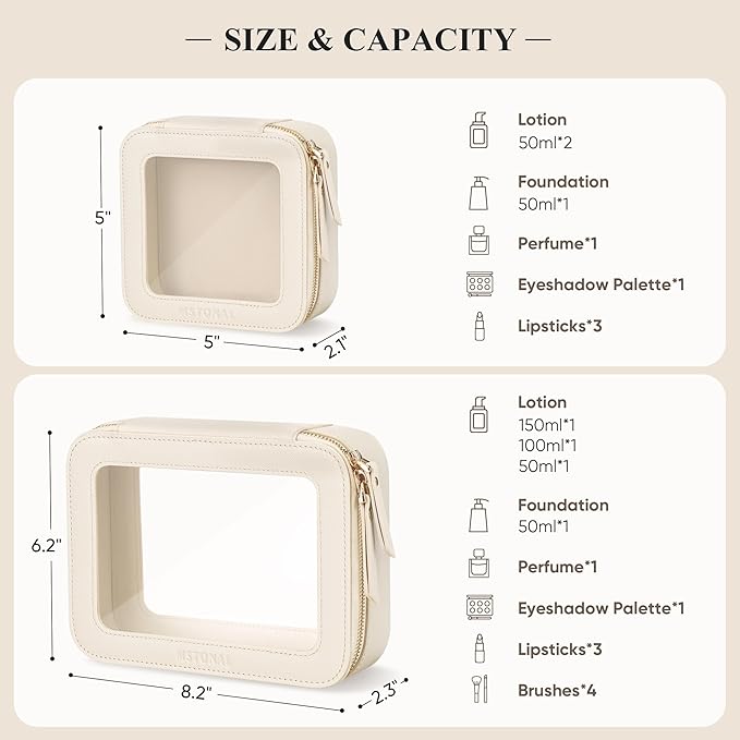 Clear Makeup Bag, Travel Toiletry Bag Cosmetic Case for Women, Waterproof Portable Make Up Skincare Pouch with Zipper, Compact Car Organizer Bag for Essentials, Medium Size, Beige