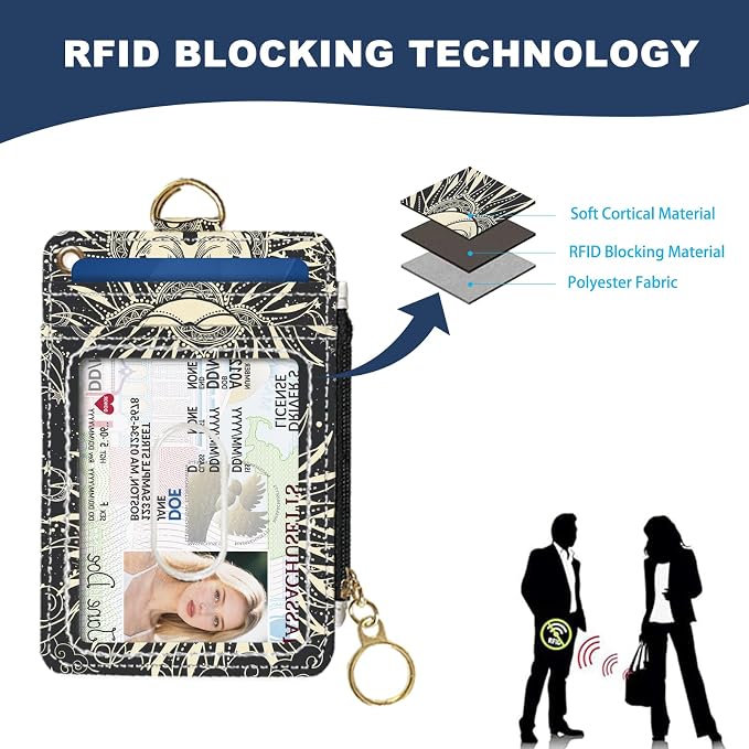 Slim Wallet Credit Card Holder, Sun and Moon FaceX, RFID Wallet Women Cute Small Front Pocket Wallet With Zipper, PU Leather Thin travel RFID Blocking Card Case ID Window,Ladies Gifts