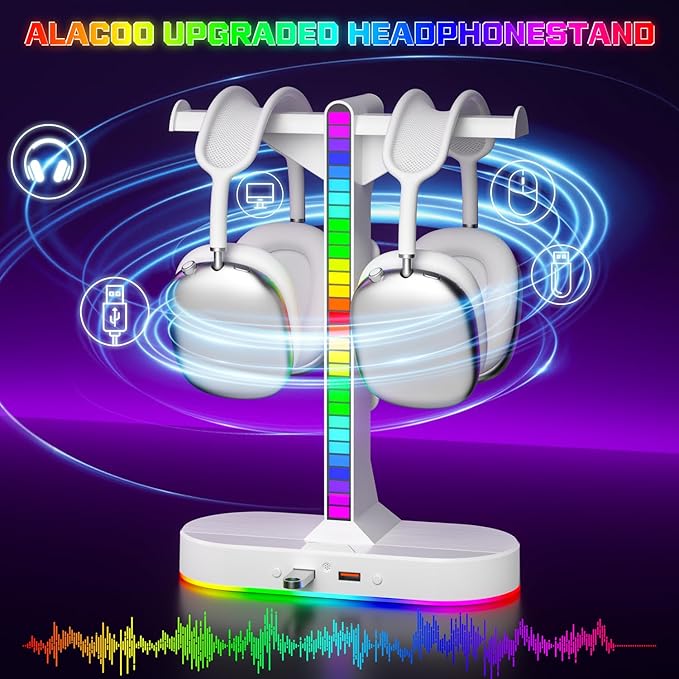 Cool RGB Headphone Stand with Charging Station - Sleek Dual Headset Holder, 3 USB Ports & 3.5mm Audio, 8 Light Modes | Ultimate Gaming Gift for Men, Boyfriend, Teen Boys - Modern White Design
