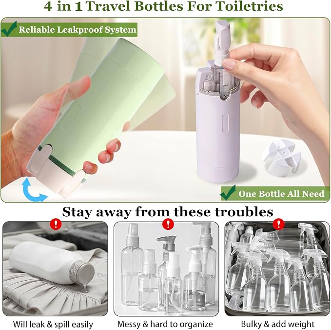 4 in 1 Travel Dispenser, 4 Pack 30ML Leak Proof Travel Size Bottles with Stickers, Brush & Storage Bag, Refillable TSA Approved Travel Toiletry Container Set for Shampoo, Lotion, Conditioner (Green)