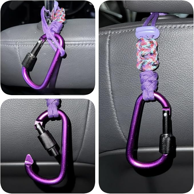 Car Seat Back Hooks 2 Pack - Heavy Duty Rope & Metal Buckle Car Hangers, No Wobble Multi-Purpose Organizer for Grocery Bags, Backpacks, Umbrellas, Trash Bags (Fit Most Vehicles) Purple