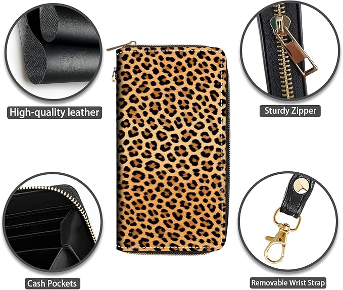 Leopard Print Print Women Large Capacity PU Leather Zip Around Wallet, Multifunctional Clutch Purse for Cash/Card/Coin/Smart Phone