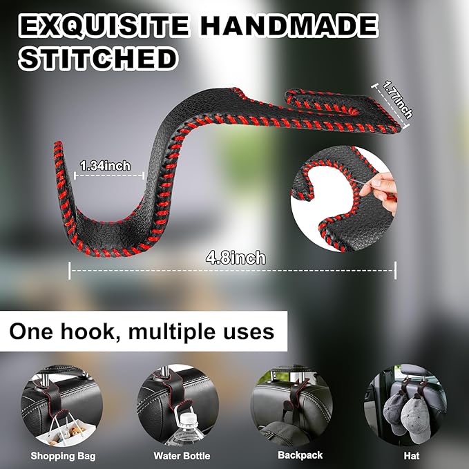 Car Seat Hooks for Purses and Bags, 2 Pack Car Purse Holder for Grocery Bag Handbag Clothes, Metal Headrest Hooks Covered by Leather, Black Red