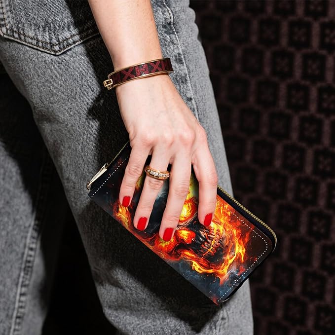 Zip Around Wallets for Women with Detachable Wrist Strap, Large Capacity RFID Blocking Leather Purse Organizer Card Holder Wristlet,Red Fire Skull