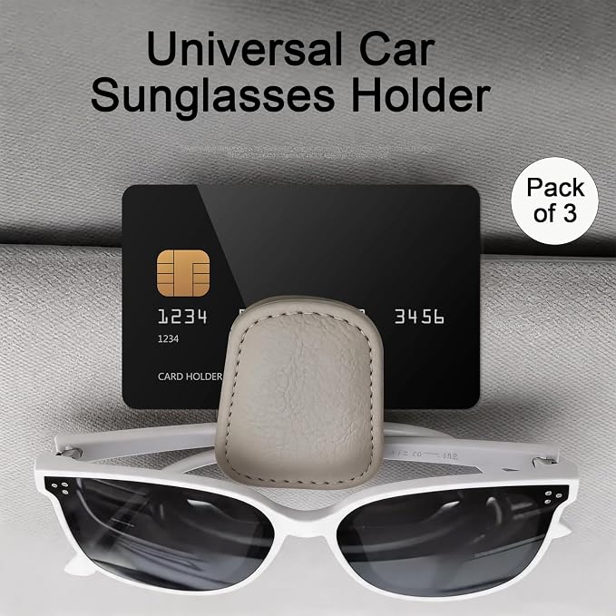 3 Pack Leather Magnetic Sunglass Holder for Car Visor, Premium Leather with Magnetic Clip, Universal for Different Size Glasses, Ideal for Jeep and Other Vehicles, Car Accessories (Grey)