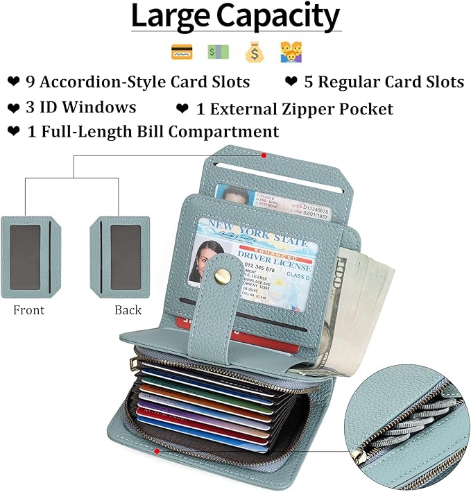 GAEKEAO Small Leather Credit Card Holder Wallets for Women RFID Blocking Bifold Wallet Zipper Pocket with Removable ID Window