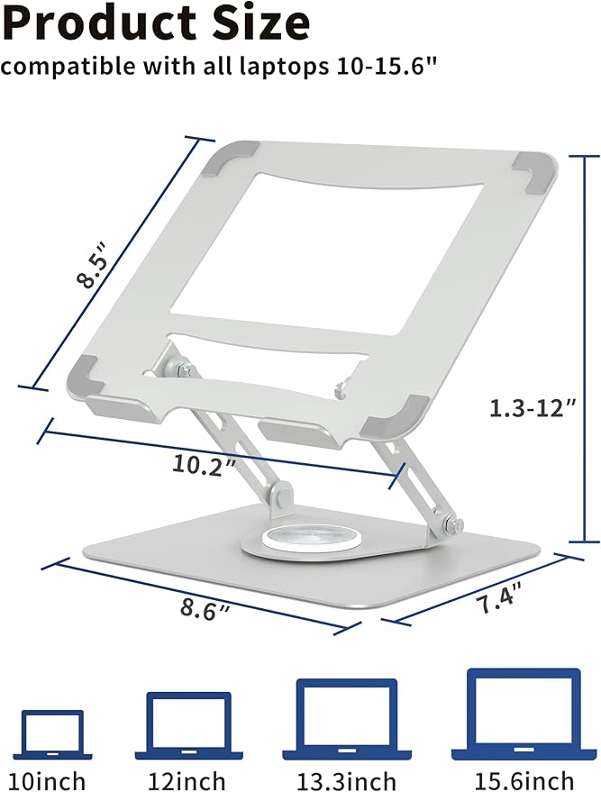 ALASHI Laptop Stand for Desk with 360° Rotating Base, Multi-Angle Adjustable Laptop Stands, Foldable Laptop Riser Compatible with 10 to 15.6 Inches PC Computer, Silver