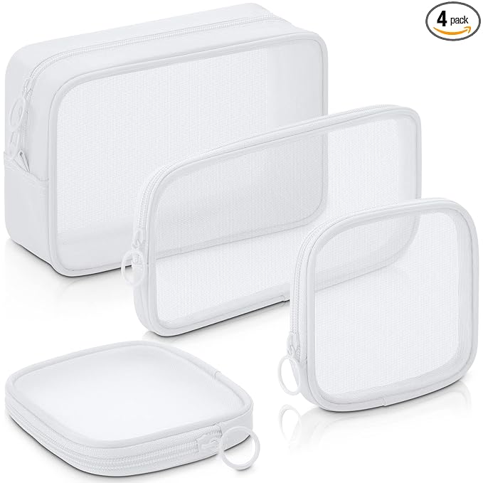 Weewooday 4 Pcs Mesh Makeup Bag Mesh Cosmetic Bag Travel Toiletry Pouch with Zipper Mini Makeup Cosmetic Purse for Daily Accessory(Small, Large, Medium,White)