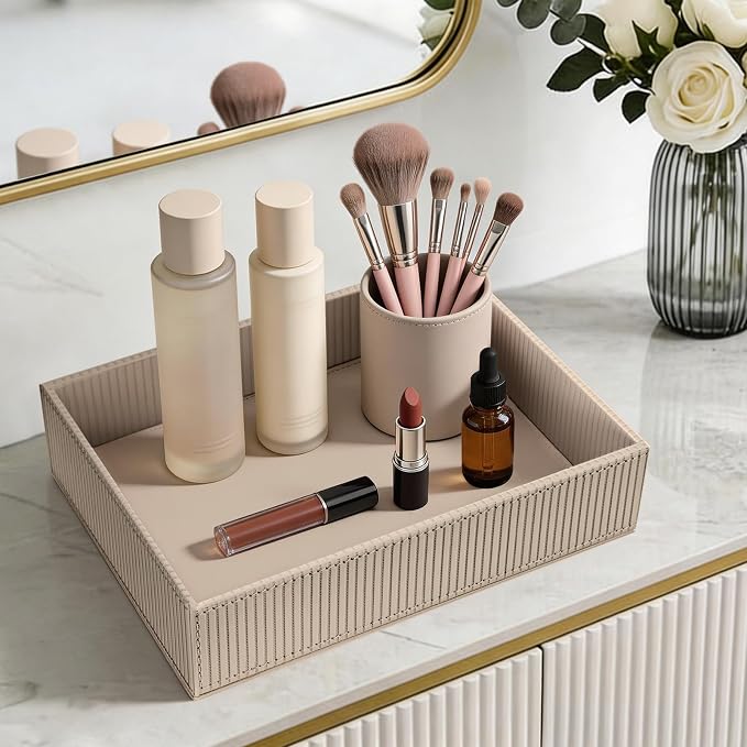 SITHON Valet Tray Desk Organizer, PU Leather Catchall Bedside Vanity Tray Nightstand Caddy Coin Box Key Jewelry Storage Organizer, Graduation Day Father's Gift, Stripe Latte