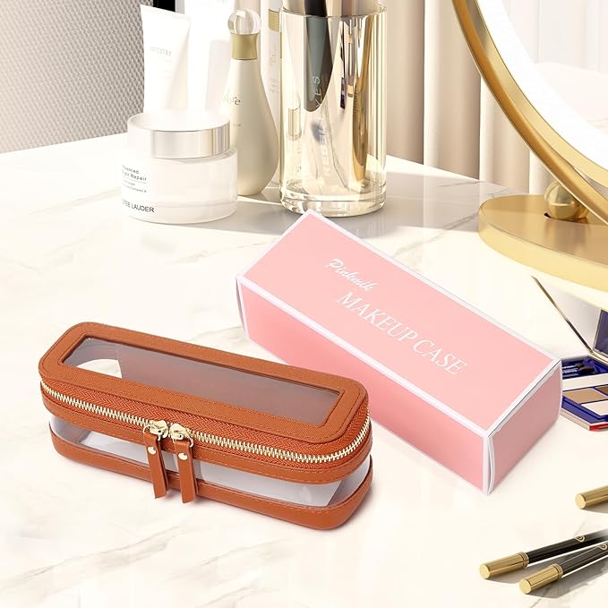 Pinkmik Makeup Brush Case Clear Travel Cosmetic & Toiletry Bag Slim Makeup Bag with Zipper Small Purse Organizer Car Essential for Women (X/Brown, SLIM-1)