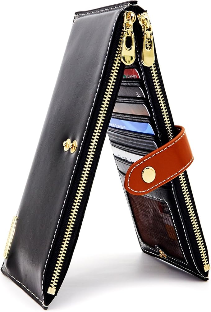 ANDOILT Women's Genuine Leather Wallet RFID Blocking Credit Card Holder Zipper Purse Cell Phone Handbag