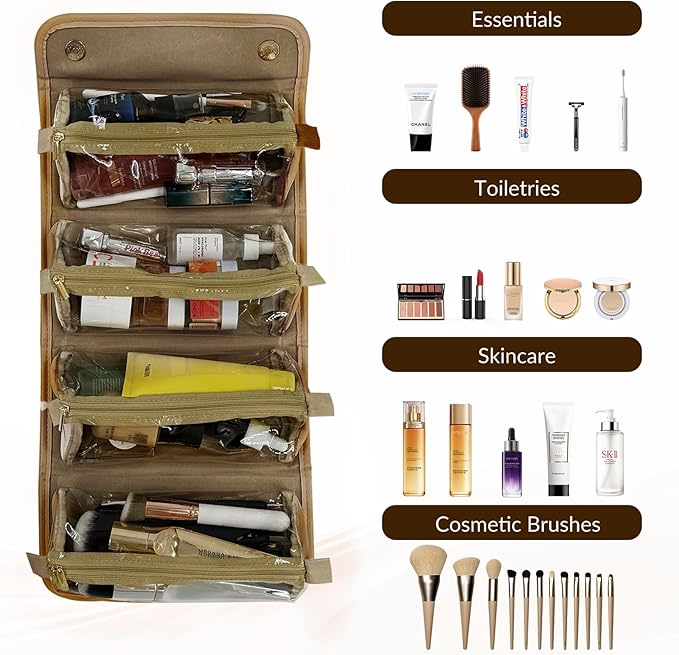 YDR Travel Makeup Bag,Capacity Cosmetic Bag for Women Portable Pouch Case Toiletry Bag 4-in-1 Roll-Up Makeup Bag Storage Organizer With 4 Detachable Removable