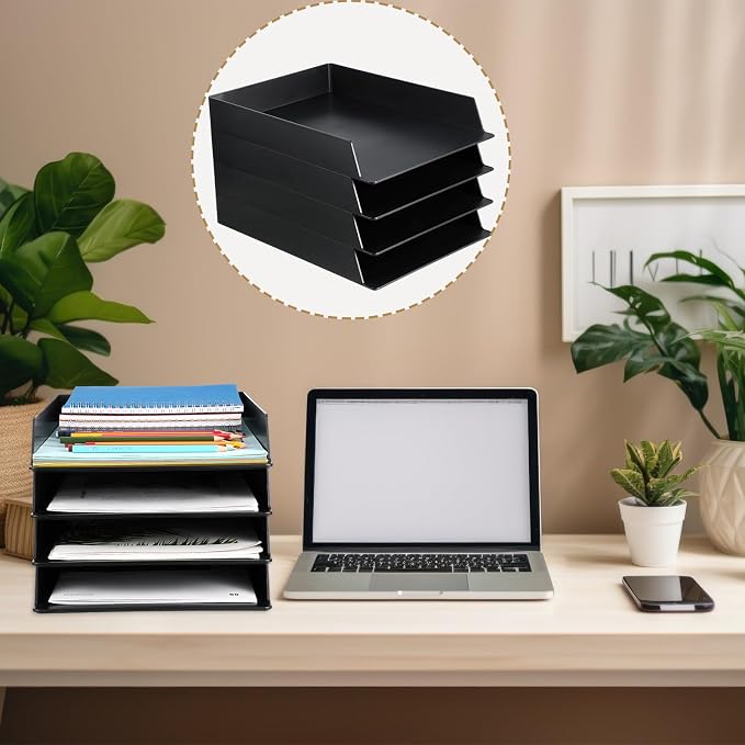 Wenqik 12 Pcs Stackable Paper Trays Rectangular Plastic Desk Holder Desktop Document File Organizer Storage Letter for Office Classroom (Black)