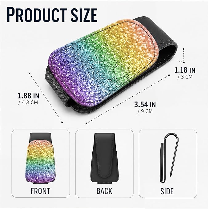 Leather Magnetic Sunglass Holder for Car Sun Visor, Cute Eyeglass Ticket Card Hanger Clip, Universal Auto Interior Accessories for SUV Pickup Truck, Rainbow Glitter