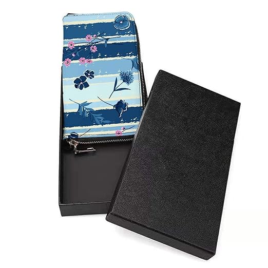 Clutch Wallet Holder for Women Men Wild Flowers Blue Brush Stripe Portable Accordion Zipper Credit Card Storage Bag Waterproof Purse Leather Wallet for Travel Work Shopping