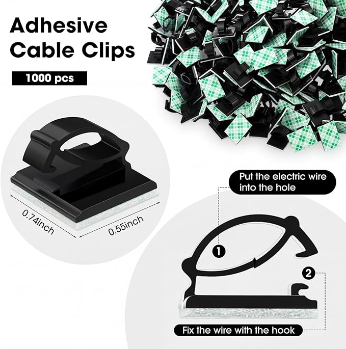 EBOOT 1000 Pieces Adhesive Cable Wire Clips Strong Cord Clips Wire Holders Cable Cord Management Straps Clamps Tie Holder for The Wall, Under Desk, Car, Office and Home