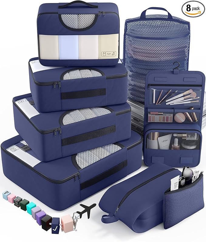 Veken 8 Set Packing Cubes for Travel Essentials, Suitcase Organizer Bags in 4 Sizes, Carry-On Luggage Accessories with Large Laundry & Hanging Toiletry Bag, Must-Have for Airplane, Road Trip & Camping