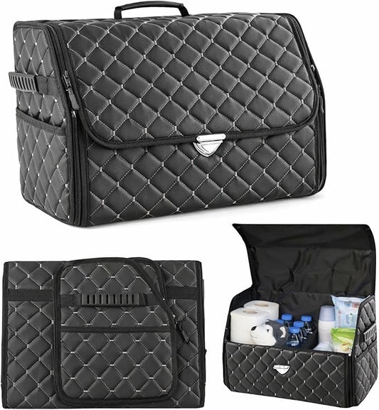 Leather Trunk Organizer with Lid for Suv and more, Foldable Car Organizer, Car Organizers and Storage with Pockets, Non-Slip Design (White-Black)