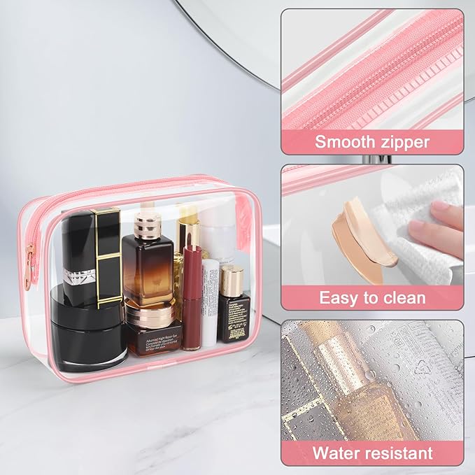 Wedama TSA Approved Toiletry Bag, Cosmetic Bags 4 Pack with Zipper Carry on Airline Airport Travel Accessories, PVC Makeup Bags for Travel, Quart Size Travel Bags for Men and Women-Pink