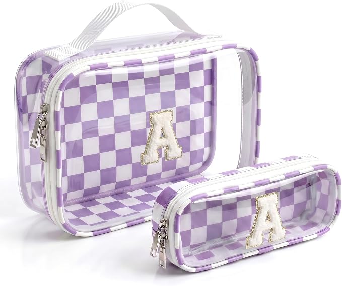 Checkered Makeup Bag for Women-Monogram Personalized Initial Sunscreen Makeup Bags Cosmetic Pouch Make Up Bag for Women Her Best Friend Teacher,Summer Beach Essentials Gifts for Girls (A,Purple&Beige)