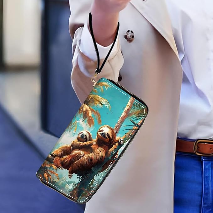 Women's Large Capacity Wallet PU Leather Zip Around Clutch Purse Multifunctional Wallet with Removable Wristlet Strap for Smart Phone/Coin/Card/Cash, Sloth