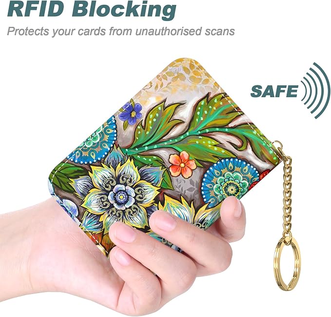 Nipichsha Women's RFID Blocking Small Leather Wallet, Mandala Flower, Slim and Compact Size, 12-Accordion Slots, Protects Privacy