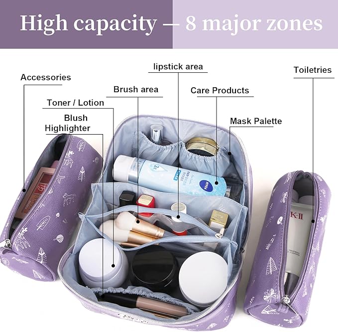 BOYATU Travel Makeup Bag Cosmetic Bags for Women: 3 Pcs Set Portable Make up Bag with Handle - PU Leather Toiletry Bags with Compartments - Makeup Organizer for Travel Essentials(L-3-Purple)