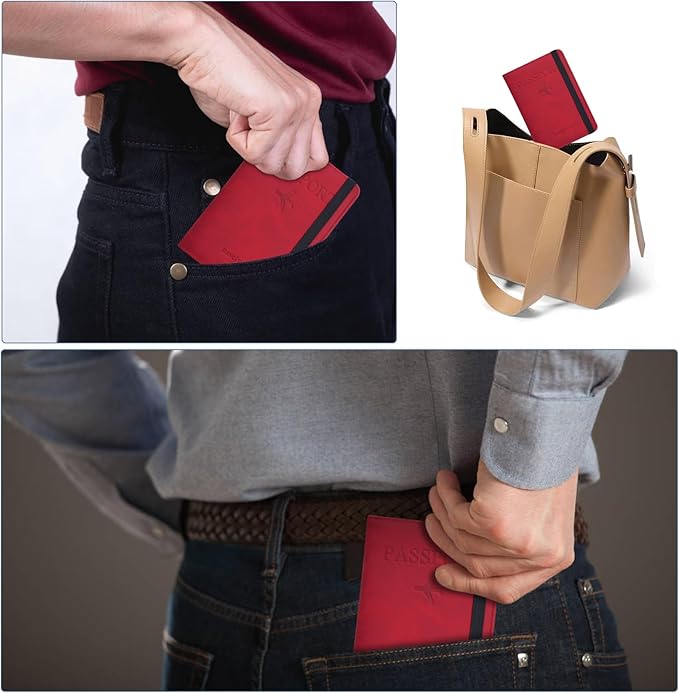 Passport Holder, Passport Cover with Credit Card Slot and Boarding Pass Slot Combo, Passport Wallet Case Book Travel Must Have, RFID Blocking Leather Travel Accessories, Red
