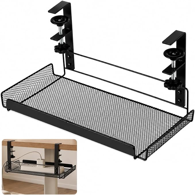 Under Desk Cable Management Tray, No Drill Under Desk Shelf with Clamp for 0.4-1.8 in Table, Black Metal Mesh Wire Organizer for Power Strips and Cord Storage in Home Office
