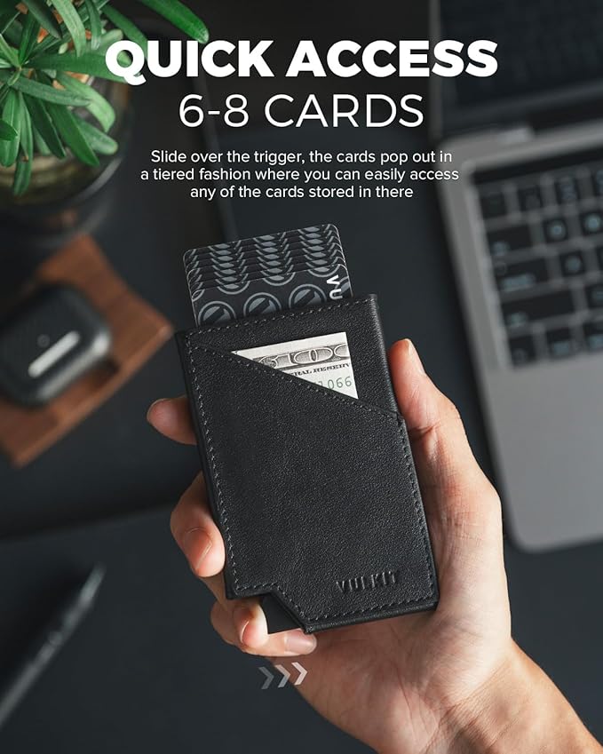 VULKIT Pop up Card Wallet Top-Grain Genuine Leather RFID Blocking Slim Aluminum Metal Bank Card Holder Case with Business Money Pocket for Credit Cards Notes and Coins Black