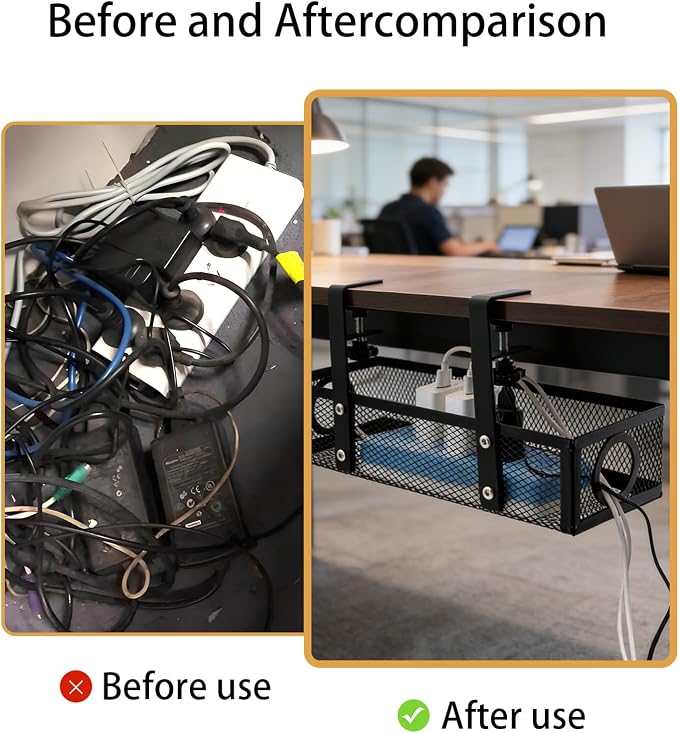 Under Computer Desk Cable Management Tray, No Drill Clamp-On Cord Organizer, Sturdy Metal Wire Tray for Office & Home Desks, Black