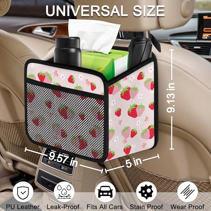 Cute Strawberry Print Car Organizer for Kids, Backseat Headrest Storage Bag, Adorable Cartoon Fruit Pattern, Foldable Waterproof PU Leather Organizer, Perfect for Mom and Baby