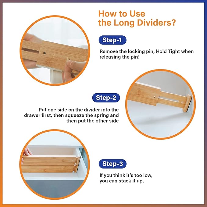 Adjustable Bamboo Drawer Dividers for Clothes, Kitchen Utensils, Office Desks, Bathroom Accessories, Socks and Underwear, and Personal Items, 4 Dividers with 4 Partitions
