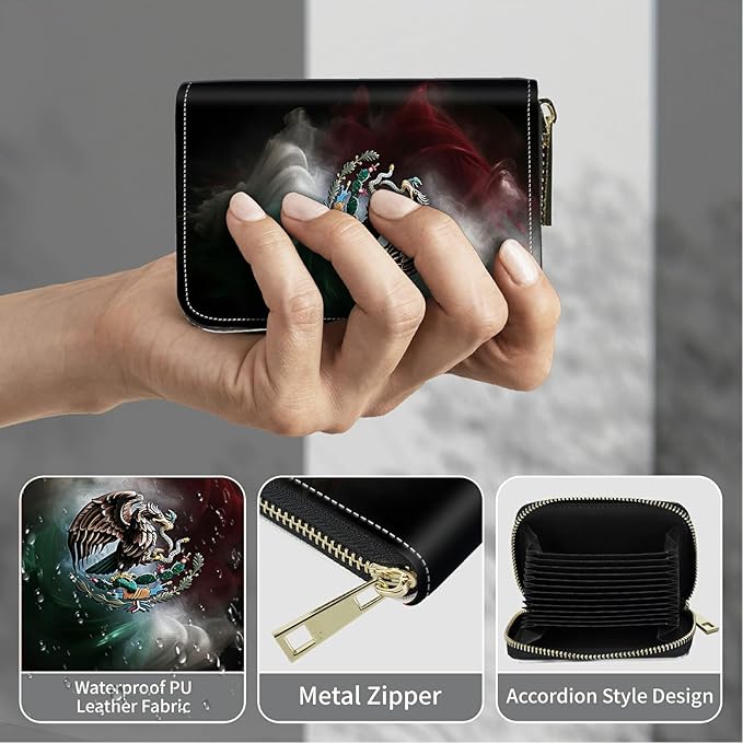 Cute Credit Card Holder with Zipper, Mexico Flag RFID-Blocking Card Case Small Wallet for Women Men, Multi-slot Card Organizer Case Travel Accordion Wallet