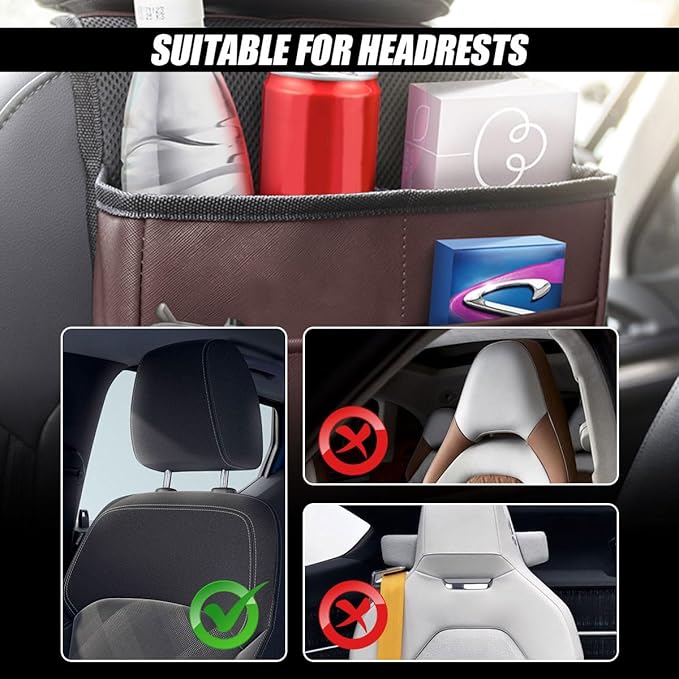 Car Back Seat Organizer, Waterproof PU Leather Car Hanging Storage Bag, Multipurpose Front & Backseat Car Seat Storage Organizer, Universal Interior Car Accessories for Most Vehicles (Brown Red)