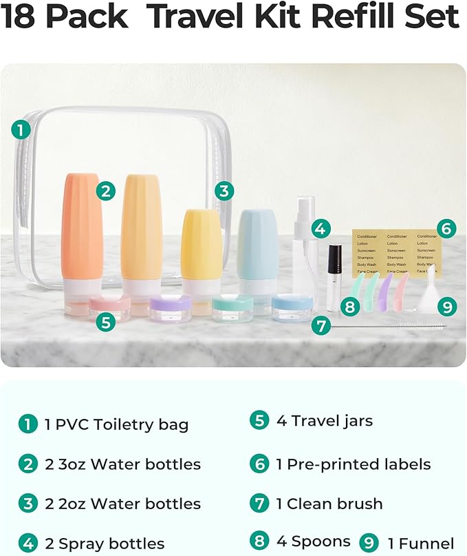 BAGSMART 18 Pack TSA Approved Travel Bottles for Toiletries, Leak Proof Silicone Travel Size Containers Bottles for Shampoo, Soft Pastel