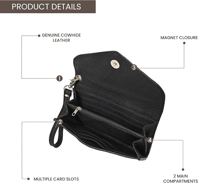 Merbaa Leather Wallet for Women, Wristlet Bifold Card Cash Phone Wallet Ladies Cowhide Hair-On Travel Clutch Purse, Slim Bifold Organizer with Card Slots, Zip Coin Pocket & Magnetic Closure, Black