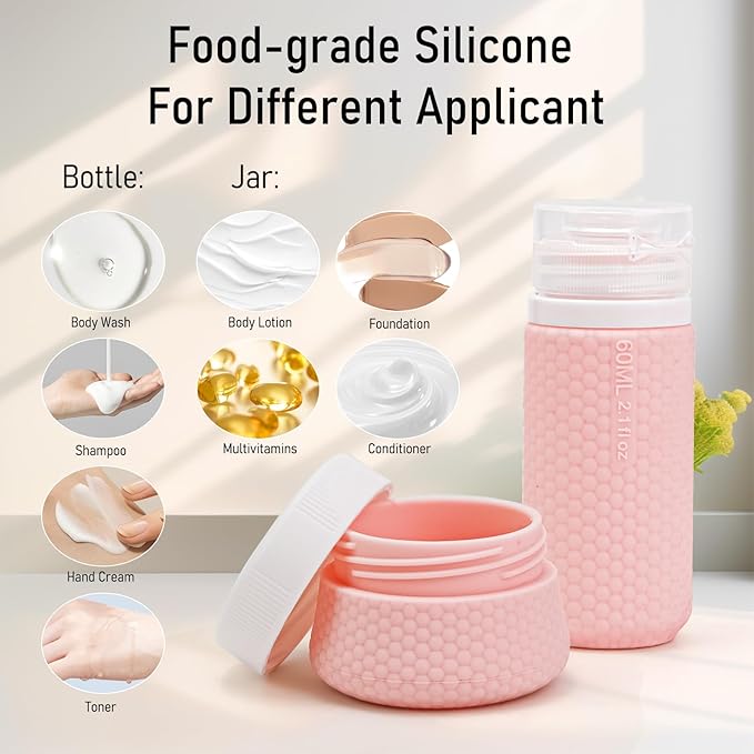 2 oz Travel Bottle Silicone Small Liquid Travel Containers 2 Pack Leak Proof TSA Approved Bottles On The Go Size Traveling Kit for Toiletries Shampoo Body Wash Skincare Lotion Women - Leather Pink