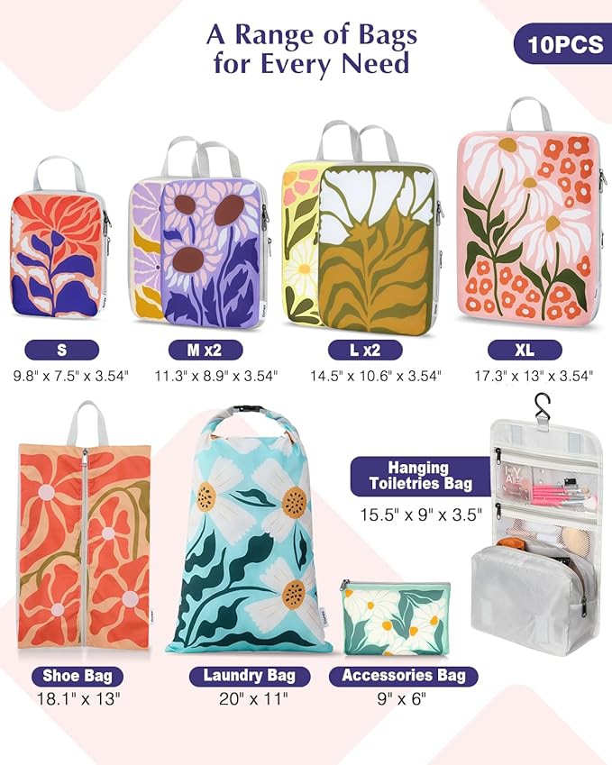 Gonex Compression Packing Cubes, 10pcs Expandable Storage Travel Luggage Bags Organizers with Hanging Toiletry Bag Laundry Bag Shoe Bag Accessories Bag, Travel Cubes for Suitcase Carry On (Flowers)