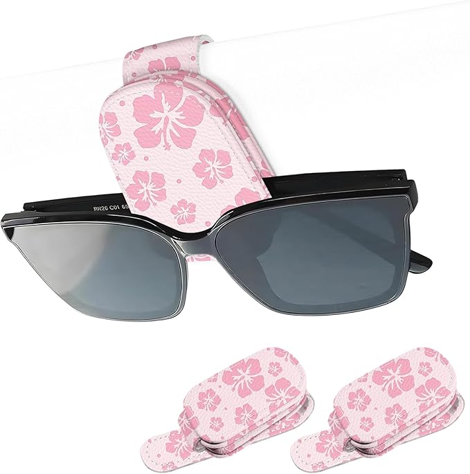 2 Pack Magnetic Leather Sunglass Holder, Universal Magnetic Car Eyeglass Hanger Clip for Different Size Eyeglasses, Car Visor Accessories (Hibiscus Flower)