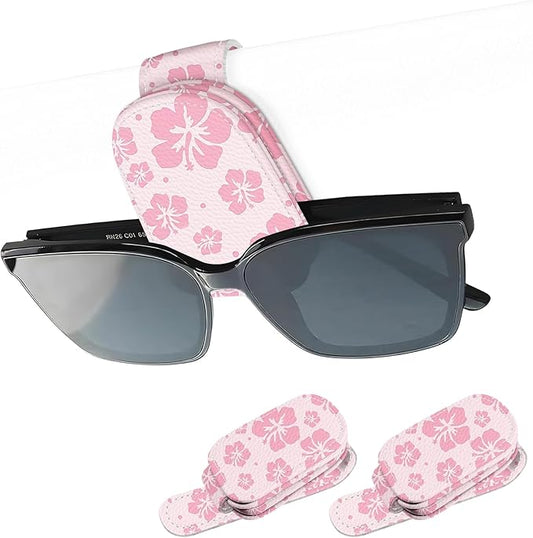 2 Pack Magnetic Leather Sunglass Holder, Universal Magnetic Car Eyeglass Hanger Clip for Different Size Eyeglasses, Car Visor Accessories (Hibiscus Flower)