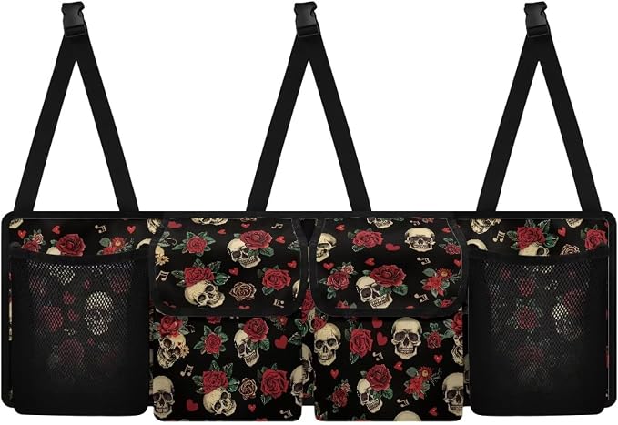 Red Rose Skull Car Trunk Organizer, Backseat Hanging Storage with 4 Large Pockets, Collapsible Cargo Bag with Adjustable Straps Sturdy Space Saving Expert for SUV, Truck, Van